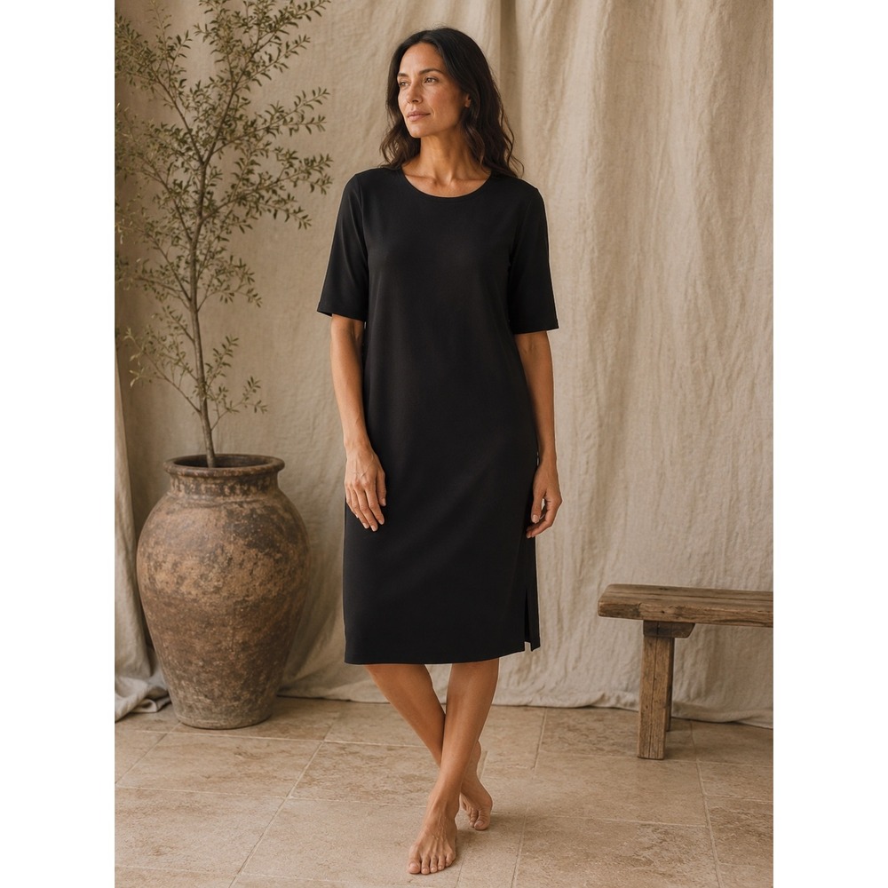 Eileen Fisher Fine Jersey Easy Tencel STRETCH Midi T-Shirt Dress WOMEN SMALL